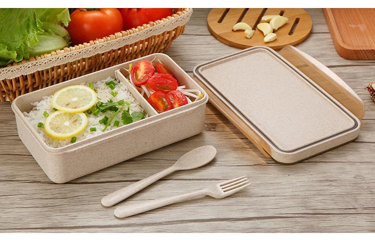 小麦秸秆饭盒餐具日式方形便当盒环保便携式餐盒三件套厂家批发